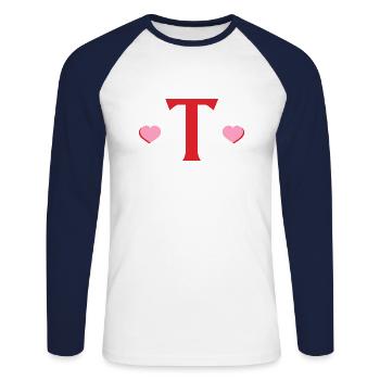 Lettre t cœurs rouges - T-shirt baseball manches longues Homme - blanc/marine - Devant - Nik (191cm)