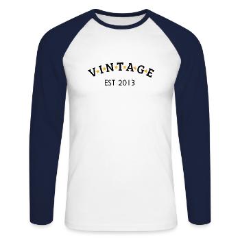 Vintage is 2013 - Unisex Long Sleeve Baseball T-Shirt - white/navy - Front - Nik (191cm)