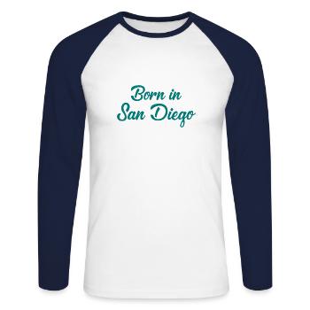 Born in San Diego - California - USA - America - Unisex Long Sleeve Baseball T-Shirt - white/navy - Front - Nik (191cm)