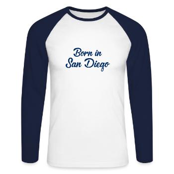 Born in San Diego - California - USA - America - Unisex Long Sleeve Baseball T-Shirt - white/navy - Front - Nik (191cm)
