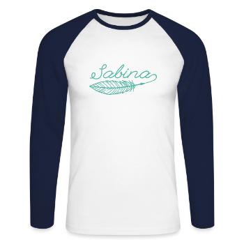 Sabina Name Federschrift - Unisex Baseballshirt langarm - Weiß/Navy - Vorne - Nik (191cm)