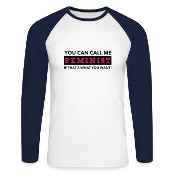 Feministin - Unisex Baseballshirt langarm - Weiß/Navy - Vorne - Nik (191cm)