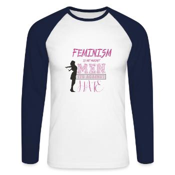 féminisme - T-shirt baseball manches longues Homme - blanc/marine - Devant - Nik (191cm)