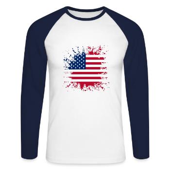 USA Flagge Farbspritzer - Unisex Baseballshirt langarm - Weiß/Navy - Vorne - Nik (191cm)