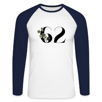 Nummer 62 Blumengrün - 62. Blumengeburtstag - Unisex Baseballshirt langarm - Weiß/Navy - Vorne - Nik (191cm)
