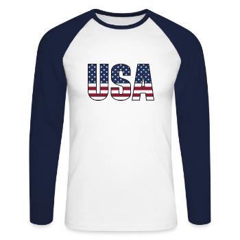 USA T-Shirt - American Flag Letters - Unisex Long Sleeve Baseball T-Shirt - white/navy - Front - Nik (191cm)