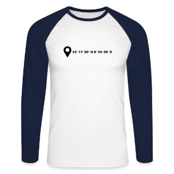 Minden Koordinaten - Unisex Baseballshirt langarm - Weiß/Navy - Vorne - Nik (191cm)