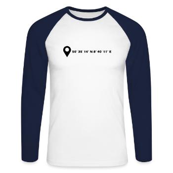 Gießen Koordinaten - Unisex Baseballshirt langarm - Weiß/Navy - Vorne - Nik (191cm)