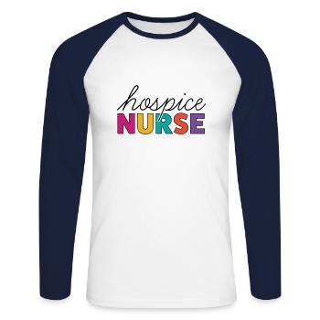 Hospice Nurse T Shirt - Unisex Long Sleeve Baseball T-Shirt - white/navy - Front - Nik (191cm)