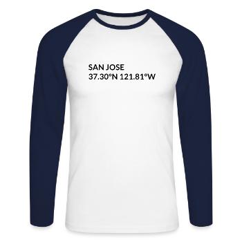 Coordonnées San Jose, Californie, États-Unis - T-shirt baseball manches longues Homme - blanc/marine - Devant - Nik (191cm)