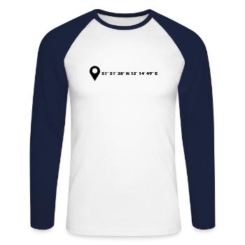 Dessau-Roßlau Koordinaten - Unisex Baseballshirt langarm - Weiß/Navy - Vorne - Nik (191cm)
