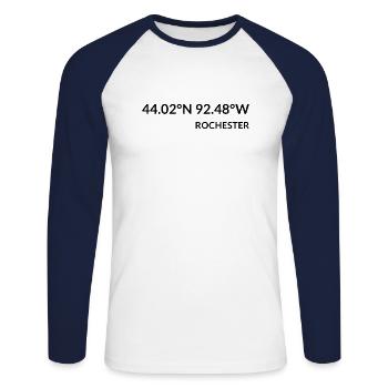 Coordonnées de Rochester, Minnesota, États-Unis - T-shirt baseball manches longues Homme - blanc/marine - Devant - Nik (191cm)