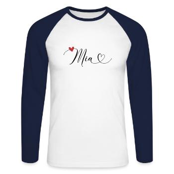 Mia surname First name Calligraphy heart - Unisex Long Sleeve Baseball T-Shirt - white/navy - Front - Nik (191cm)