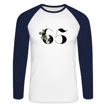 Nummer 65 Blumengrün - 65. Blumengeburtstag - Unisex Baseballshirt langarm - Weiß/Navy - Vorne - Nik (191cm)