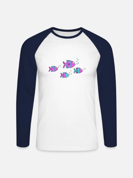 Fisk Cichlid Vand Hav Graffiti Tegning - Langærmet herre-baseballshirt - hvid/marineblå