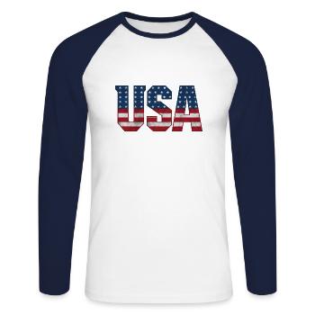 USA T-Shirt - American Flag Letters - Unisex Long Sleeve Baseball T-Shirt - white/navy - Front - Nik (191cm)