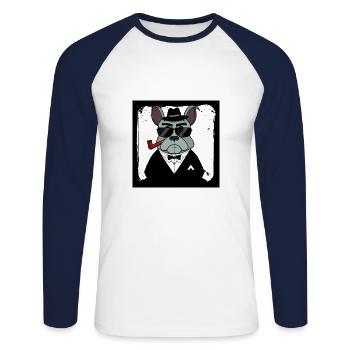 funny mafiastyle dog french bulldog - Unisex Long Sleeve Baseball T-Shirt - white/navy - Front - Nik (191cm)