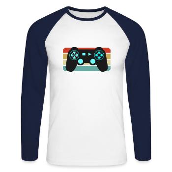 Manette de gaming gaming rétro vintage - T-shirt baseball manches longues Homme - blanc/marine - Devant - Nik (191cm)