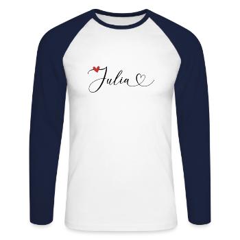 Julia Nom Prénom Calligraphie Coeur - T-shirt baseball manches longues Homme - blanc/marine - Devant - Nik (191cm)
