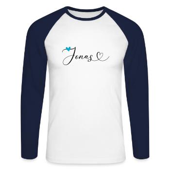 Jonas Nom Prénom Calligraphie Coeur - T-shirt baseball manches longues Homme - blanc/marine - Devant - Nik (191cm)