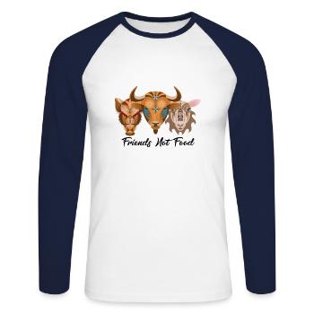 Friends Not Food Shirt · vegetarian · gift - Unisex Long Sleeve Baseball T-Shirt - white/navy - Front - Nik (191cm)