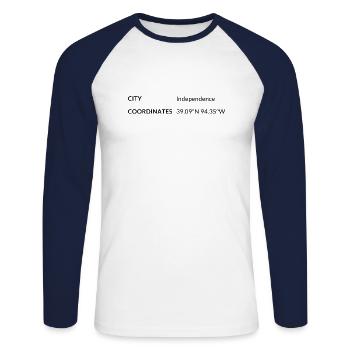 Independence, Missouri, USA coordinates - Unisex Long Sleeve Baseball T-Shirt - white/navy - Front - Nik (191cm)