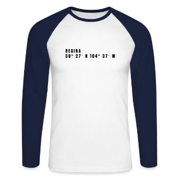 Regina Canada Coordinates - Unisex Long Sleeve Baseball T-Shirt - white/navy - Front - Nik (191cm)