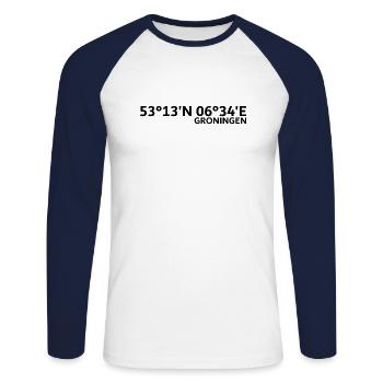 Groningen Coordinates - Unisex Long Sleeve Baseball T-Shirt - white/navy - Front - Nik (191cm)