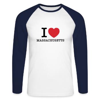 J’aime le Massachusetts | J’aime le Massachusetts - T-shirt baseball manches longues Homme - blanc/marine - Devant - Nik (191cm)