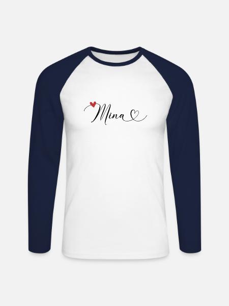 Mina Surname First name Calligraphy Heart - Unisex Long Sleeve Baseball T-Shirt - white/navy