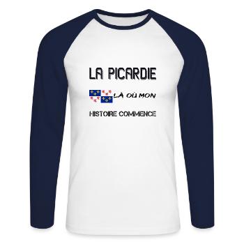 LA PICARDIE LÀ OÙ MON HISTOIRE COMMENCE - T-shirt baseball manches longues Homme - blanc/marine - Devant - Nik (191cm)