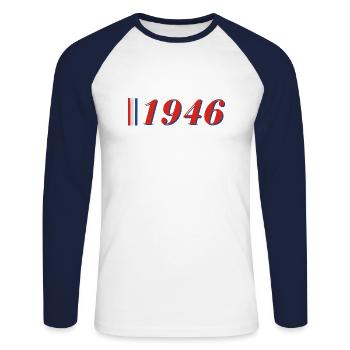 Jahr 1946 - Unisex Baseballshirt langarm - Weiß/Navy - Vorne - Nik (191cm)