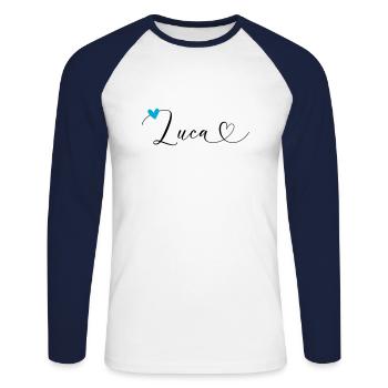 Luca Nom Prénom Calligraphie Coeur - T-shirt baseball manches longues Homme - blanc/marine - Devant - Nik (191cm)