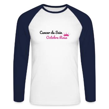 Cancer du Sein octobre rose - T-shirt baseball manches longues Homme - blanc/marine - Devant - Nik (191cm)