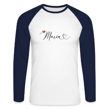 Maria Nom Prénom Calligraphie Coeur - T-shirt baseball manches longues Homme - blanc/marine - Devant - Nik (191cm)