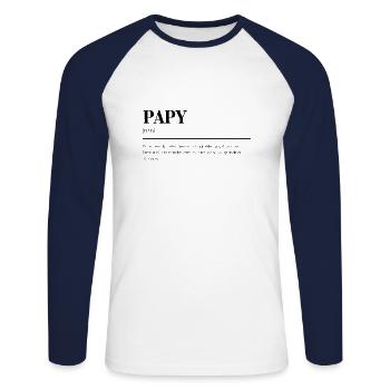 Papy: Définition Fun - Cadeau Idéal - T-shirt baseball manches longues Homme - blanc/marine - Devant - Nik (191cm)