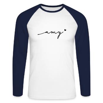 Amy Cursive Name - Unisex Long Sleeve Baseball T-Shirt - white/navy - Front - Nik (191cm)