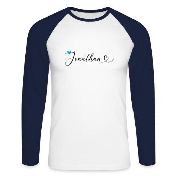 Jonathan Nom Prénom Calligraphie coeur - T-shirt baseball manches longues Homme - blanc/marine - Devant - Nik (191cm)