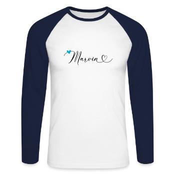 Marvin Nom Prénom Calligraphie coeur - T-shirt baseball manches longues Homme - blanc/marine - Devant - Nik (191cm)