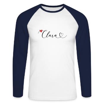 Clara Nom Prénom Calligraphie Coeur - T-shirt baseball manches longues Homme - blanc/marine - Devant - Nik (191cm)