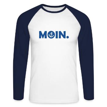 Moin - Guten Morgen - Nordsee - Ostsee - Anker - Unisex Baseballshirt langarm - Weiß/Navy - Vorne - Nik (191cm)