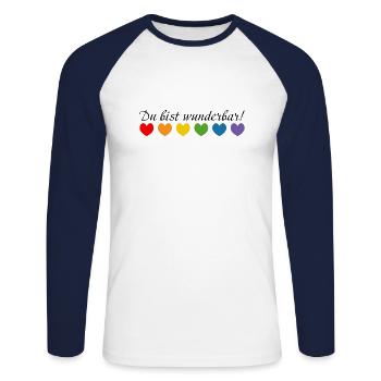 Regenbogenherzchen du bist wunderbar - Unisex Baseballshirt langarm - Weiß/Navy - Vorne - Nik (191cm)