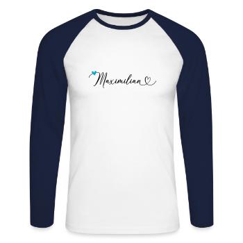 Maximilien Nom Prénom Calligraphie coeur - T-shirt baseball manches longues Homme - blanc/marine - Devant - Nik (191cm)