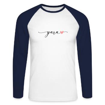 Yara Nom Prénom Calligraphie Script - T-shirt baseball manches longues Homme - blanc/marine - Devant - Nik (191cm)