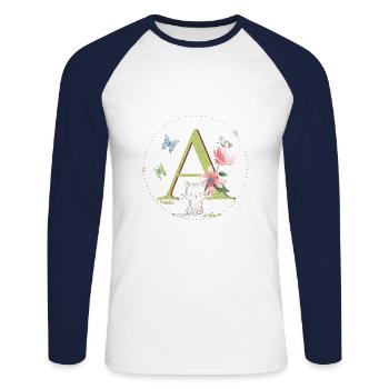 Initial letter A with cat - Unisex Long Sleeve Baseball T-Shirt - white/navy - Front - Nik (191cm)