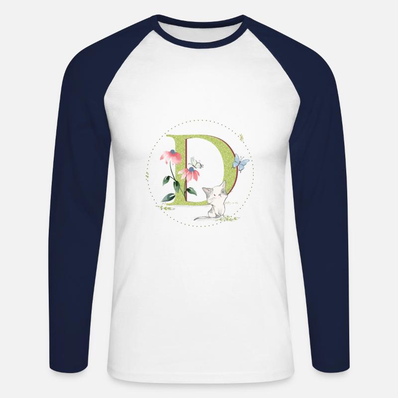 Anfangsbuchstabe D mit Katze - Unisex Baseballshirt langarm - Weiß/Navy