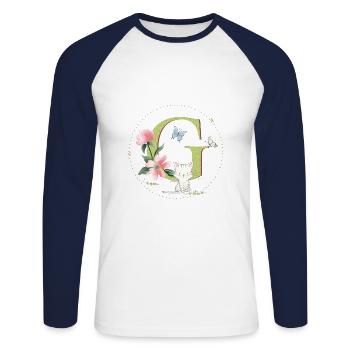 Première lettre G avec chat - T-shirt baseball manches longues Homme - blanc/marine - Devant - Nik (191cm)