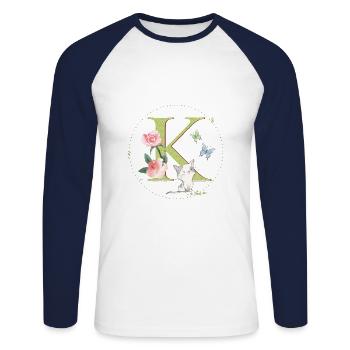 Lettre initiale K avec chat - T-shirt baseball manches longues Homme - blanc/marine - Devant - Nik (191cm)