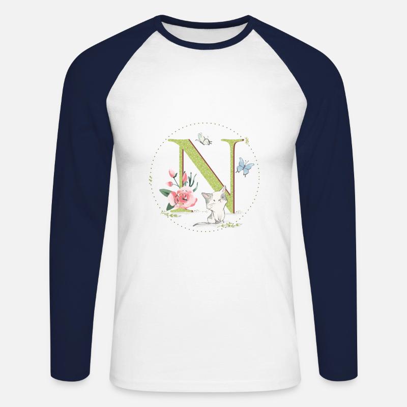 Anfangsbuchstabe N mit Katze - Unisex Baseballshirt langarm - Weiß/Navy