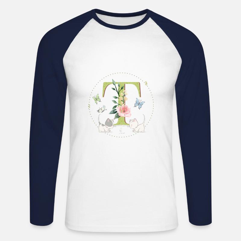 Anfangsbuchstabe T mit Katze - Unisex Baseballshirt langarm - Weiß/Navy